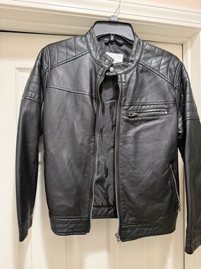 Zara Black Quilted-Shoulder Leather Jacket